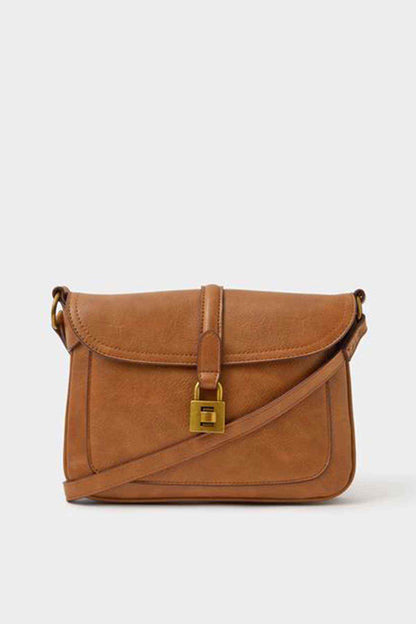 Tan flap crossbody bag with gold-tone clasp and adjustable shoulder strap