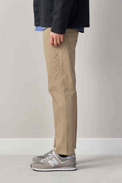Tan chino pants, straight fit, side view