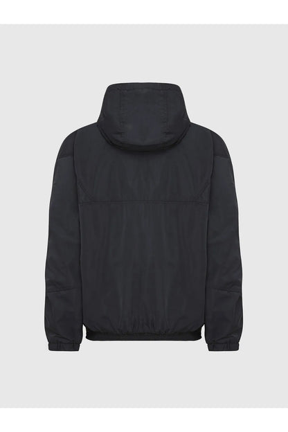 Black hooded jacket back view with high neck