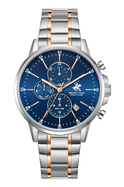Two-tone steel wristwatch with blue dial, rose-gold accents, date subdials