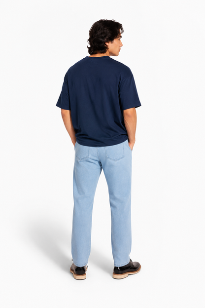 Beleri London Ice Blue drawstring jeans, back view with back pocket, light denim