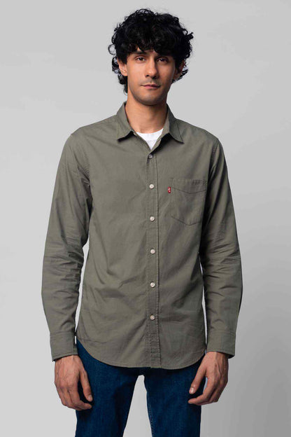 Levi's olive green button-up shirt with chest pocket and long sleeves