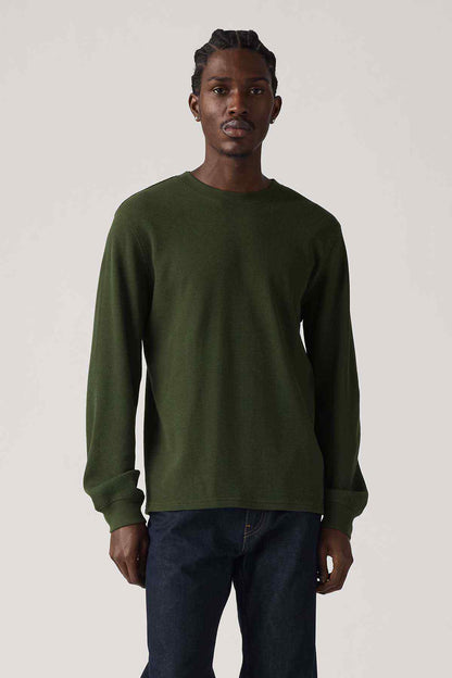 Levi's long-sleeve crewneck sweatshirt, olive green, ribbed cuffs and hem