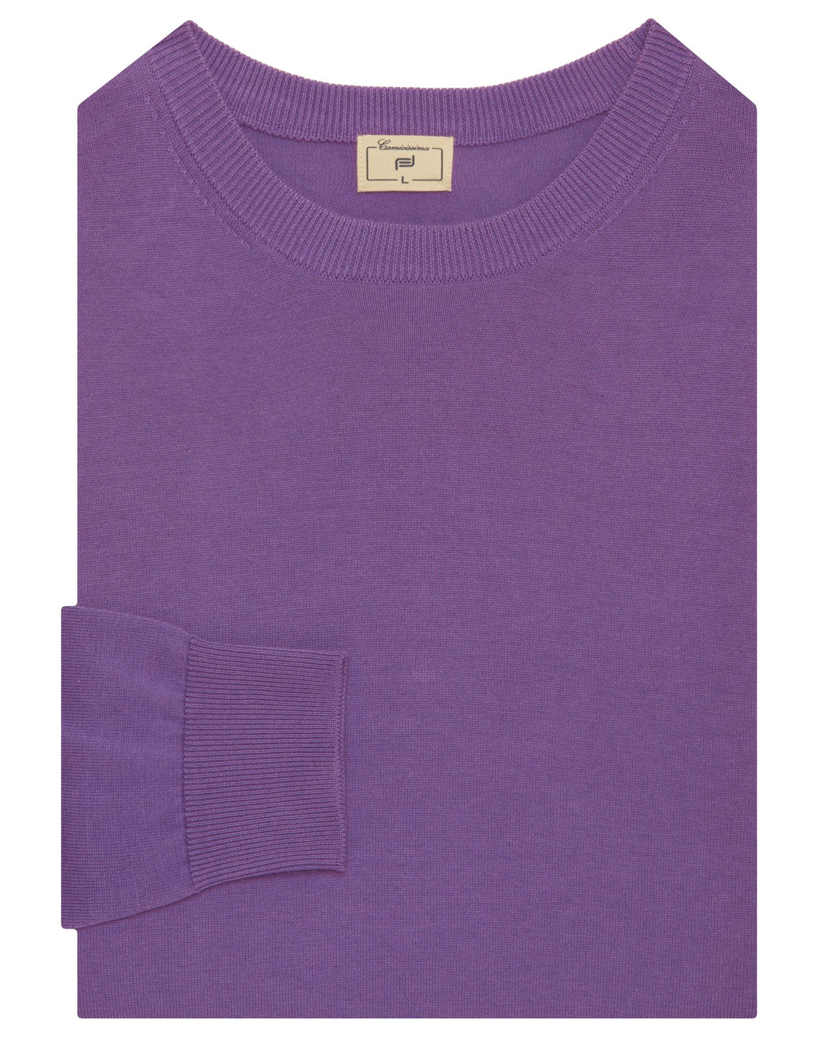 Camicissima purple knit sweater, ribbed crew neck and cuffs, brand label