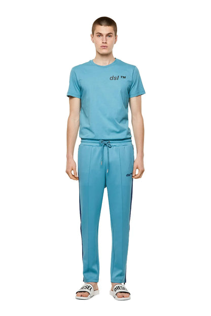 Men's blue track pants with elastic drawstring waist and dsl™ logo on thigh