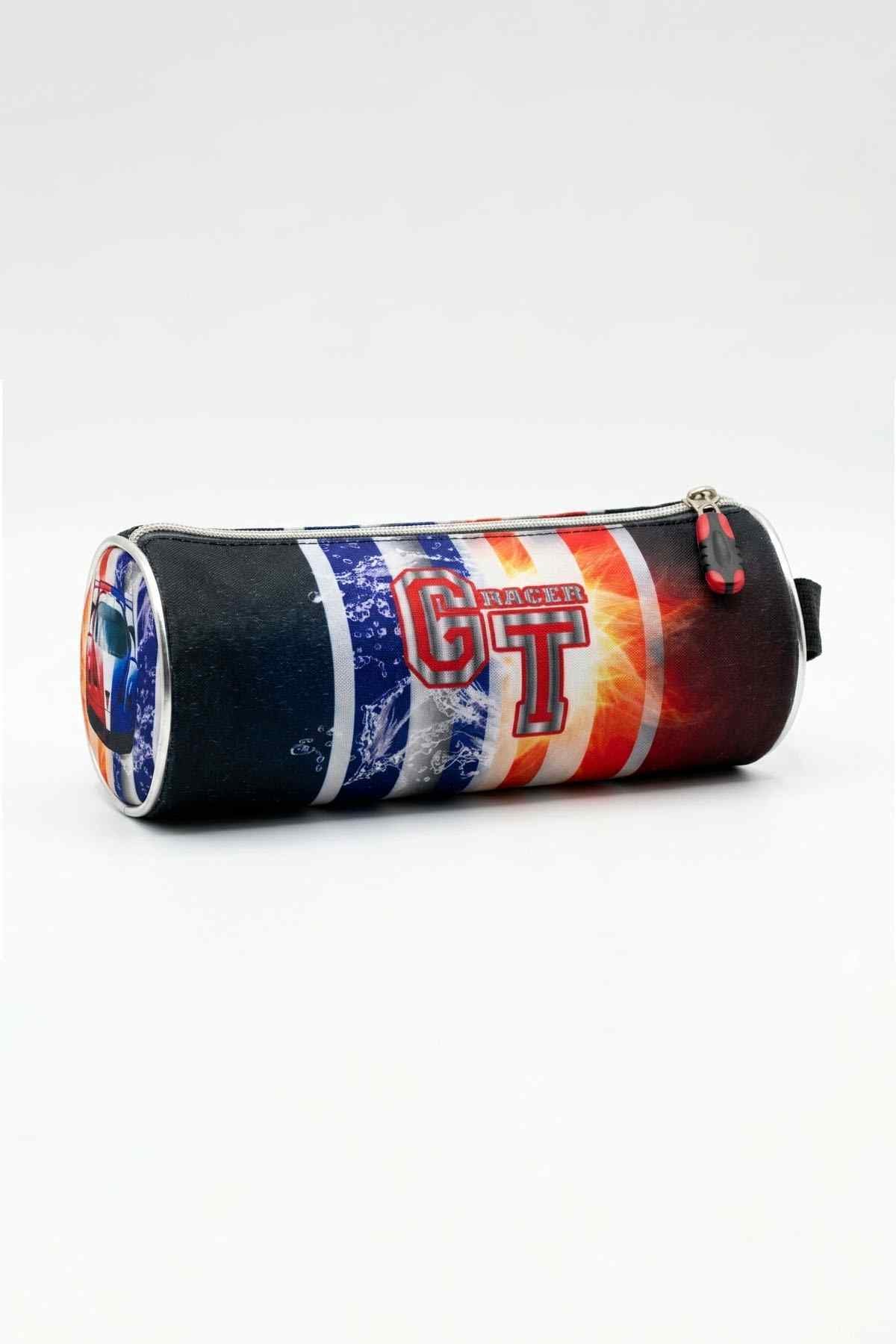Navy cylindrical pouch with zipper, round car wheel print and 'GT' lettering