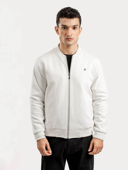 Men's vanilla bomber jacket with front zipper and ribbed stand collar