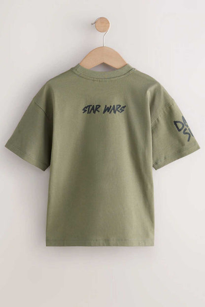 Olive green crew-neck T-shirt with small Star Wars logo on back