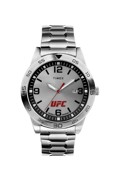 Silver tone wristwatch, dark dial, UFC logo, date window