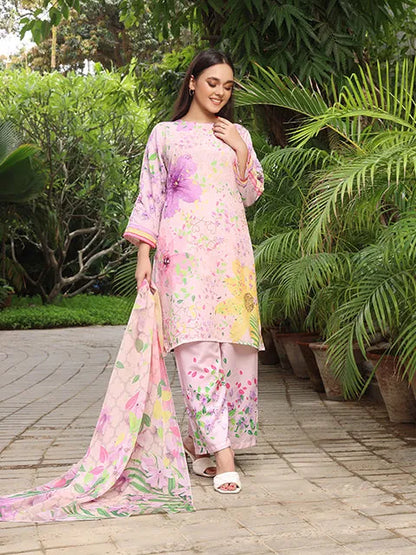 Light pink floral kurta set with round neck, 3/4 sleeves, palazzo pants, and dupatta