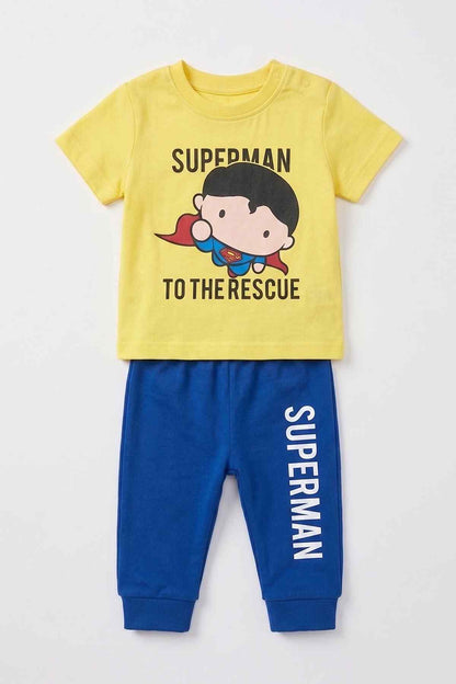 Yellow short-sleeve T-shirt and blue jogger pants with Superman rescue print