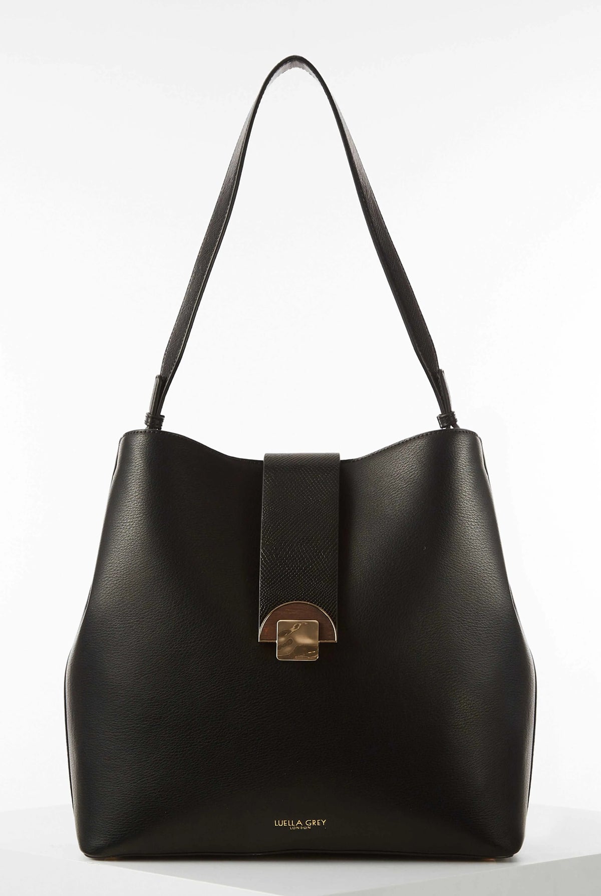 Black faux-leather hobo shoulder bag with front clasp and metal logo plate