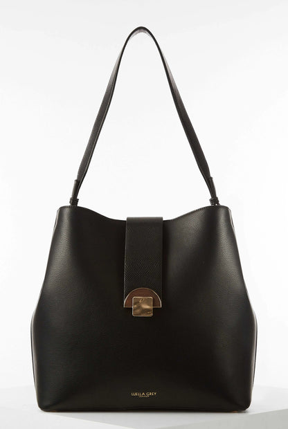 Black faux-leather hobo shoulder bag with front clasp and metal logo plate