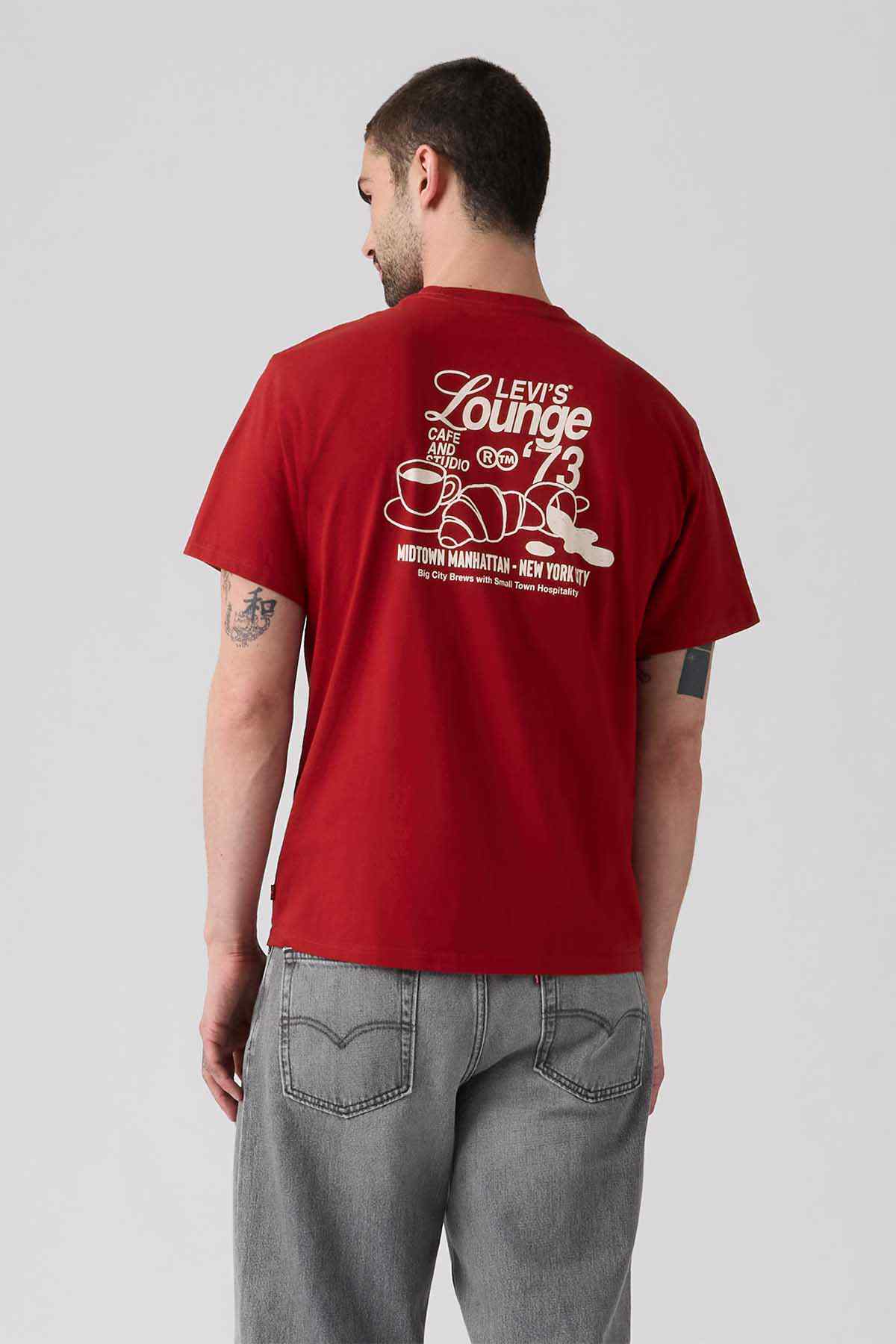 Men's red crewneck T-shirt back graphic featuring Levi's Lounge '73