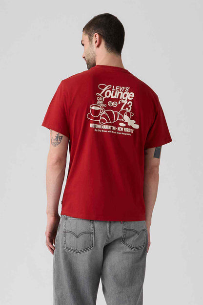 Men's red crewneck T-shirt back graphic featuring Levi's Lounge '73