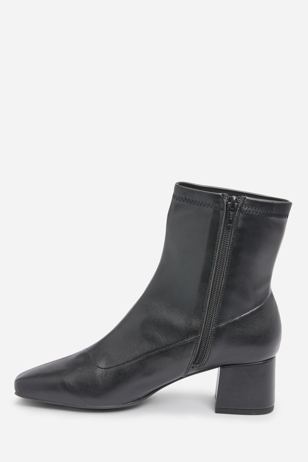 Black leather mid-heel ankle boots with side zipper