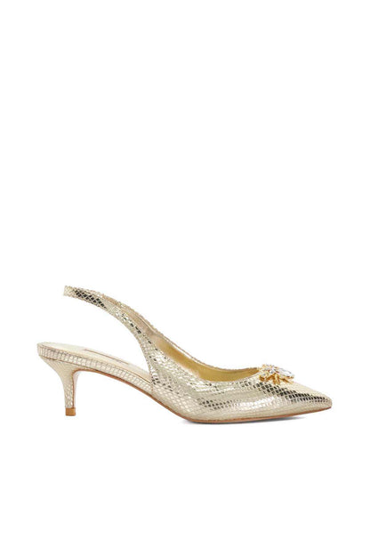 Gold heeled pointed-toe slingback pump with crystal bow at toe