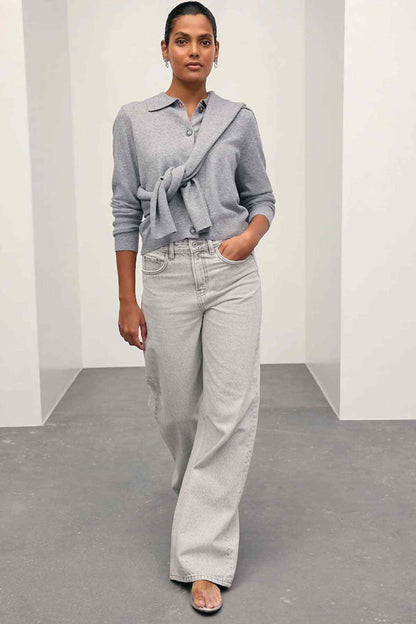 Light grey button-front polo knit top with collar and long sleeves