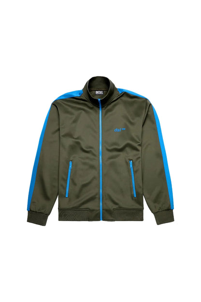 Diesel green zip-up track jacket with blue piping, two zip pockets, ribbed cuffs and hem