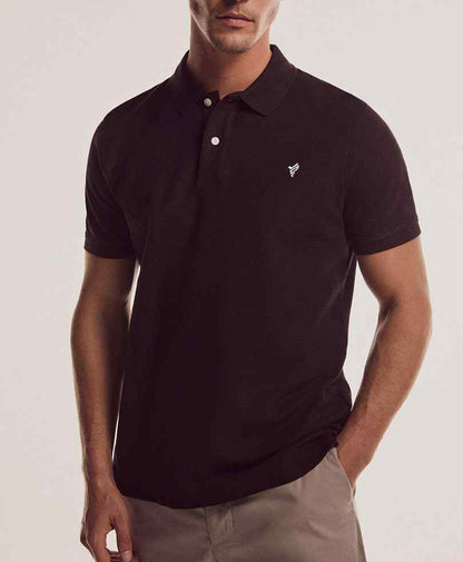 Dark fitted polo shirt with open collar, button placket, and small chest logo