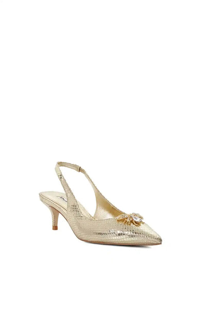 Gold heeled slingback pump with pointed toe and embellished bow detail