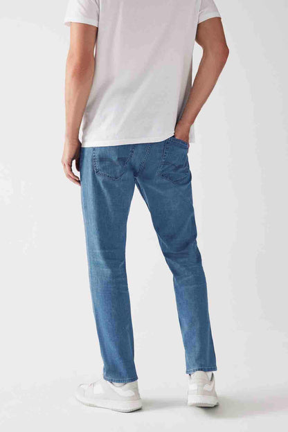 Light blue denim jeans, straight-to-tapered fit with belt loops and five-pocket design