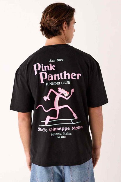 Black crew-neck T-shirt with back Pink Panther running club graphic