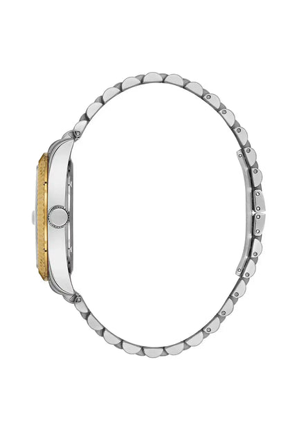 Two-tone metal wristwatch side view with gold accent link and silver bezel