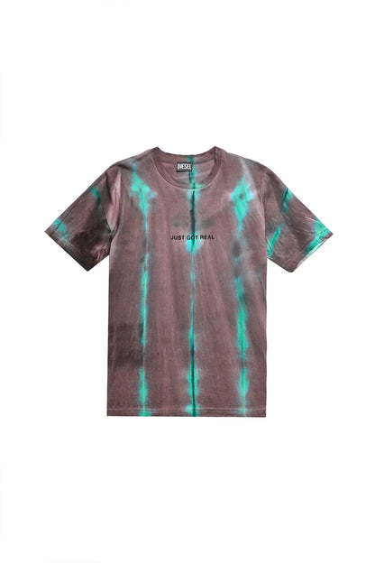 Diesel crew-neck T-shirt, mauve tie-dye with teal graphic, short sleeves