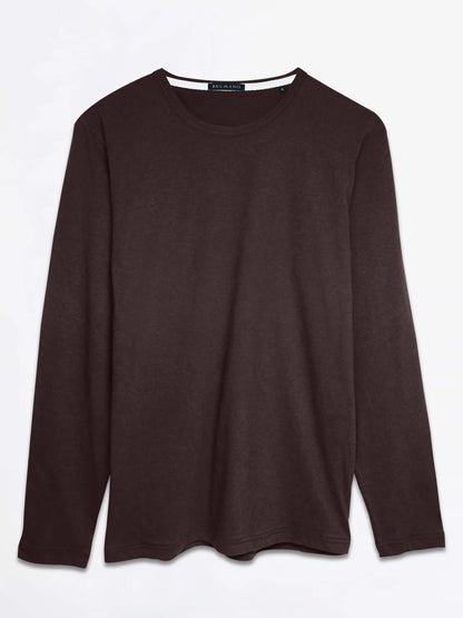 Men's dark brown long-sleeve crewneck T-shirt, flat lay front view