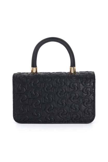 Dune London black embossed rectangular handbag with top handles and gold clasp hardware.