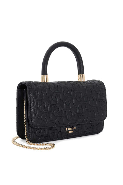 Dune London black embossed flap handbag with side profile, top handles, and chain strap.