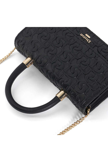 Dune London black embossed handbag with chain strap, top handle, and gold trim accents.