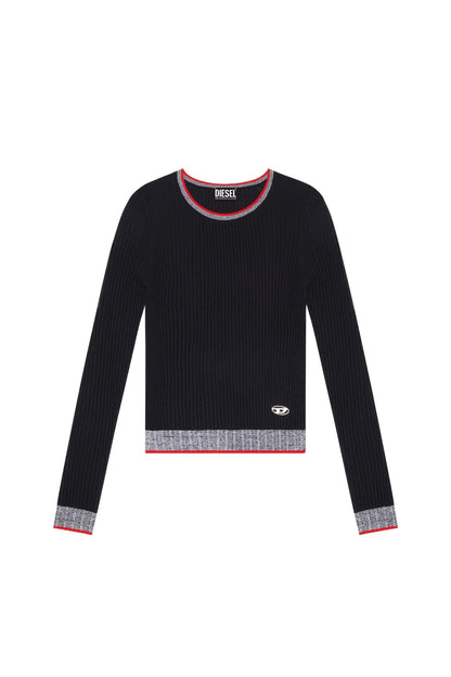 Black ribbed knit crewneck sweater, red/gray striped trim, small oval logo patch