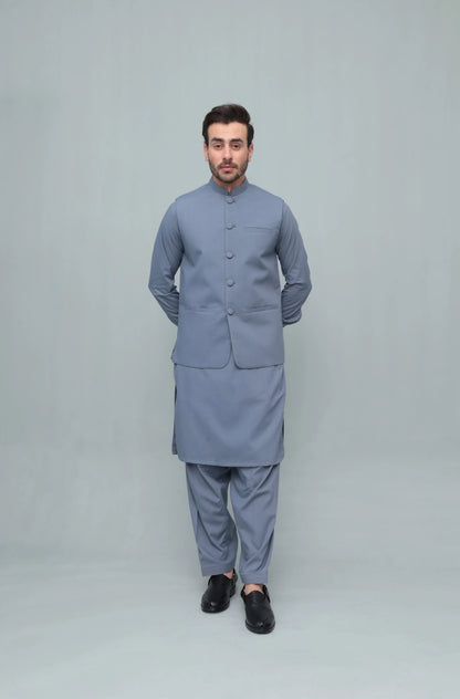 Men's light blue button-front waistcoat with matching trousers