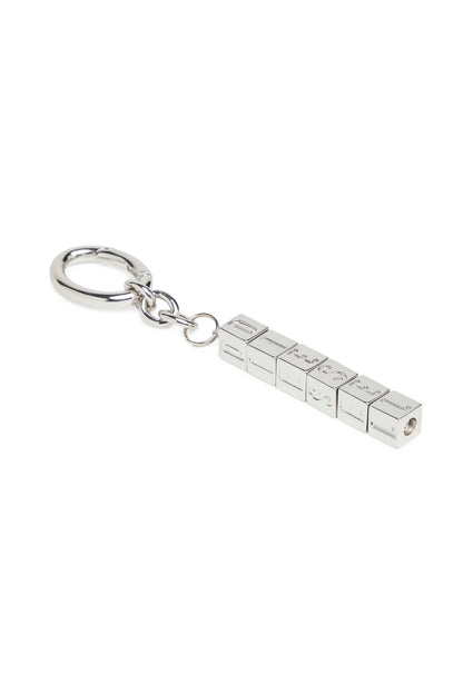 Diesel silver metal keychain with horizontal letter block charms and key ring