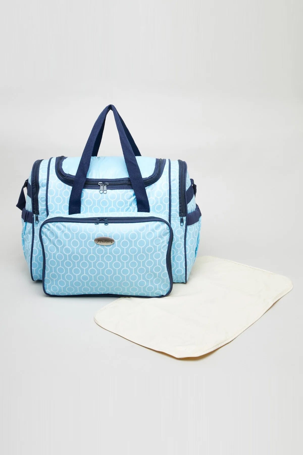 BABYSHOP blue patterned baby duffel bag with top handles, zip front, and side pockets