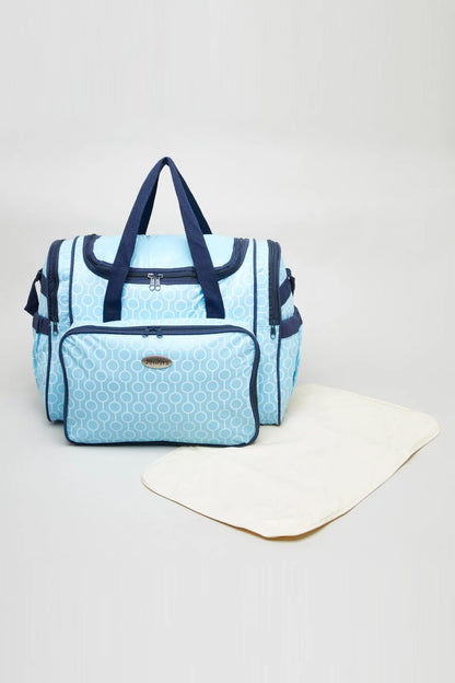BABYSHOP blue patterned baby duffel bag with top handles, zip front, and side pockets