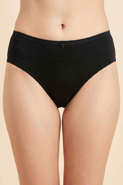 Black high-waist bikini briefs with small bow at front.