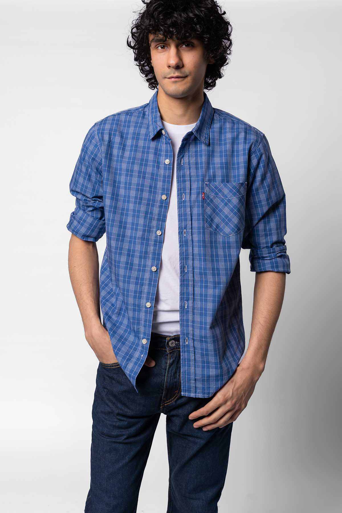Levi's blue plaid button-up shirt with chest pocket and long sleeves