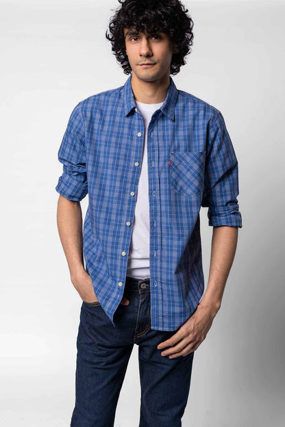 Levi's blue plaid button-up shirt with chest pocket and long sleeves