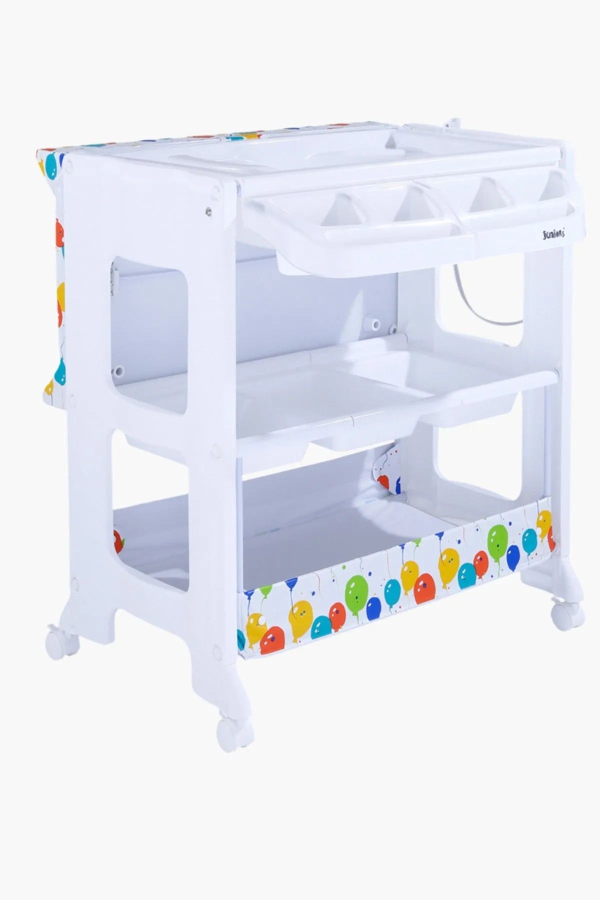 White baby changing table with colorful cartoon trim and open shelves on both sides