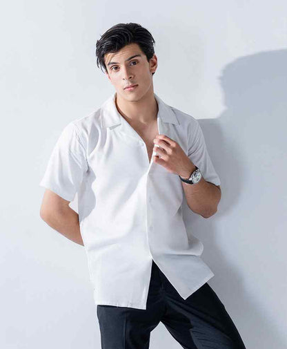 White fitted short-sleeve button-up shirt with pointed collar and button front
