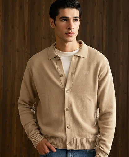 Men's fitted beige knit cardigan with button-front and ribbed hem