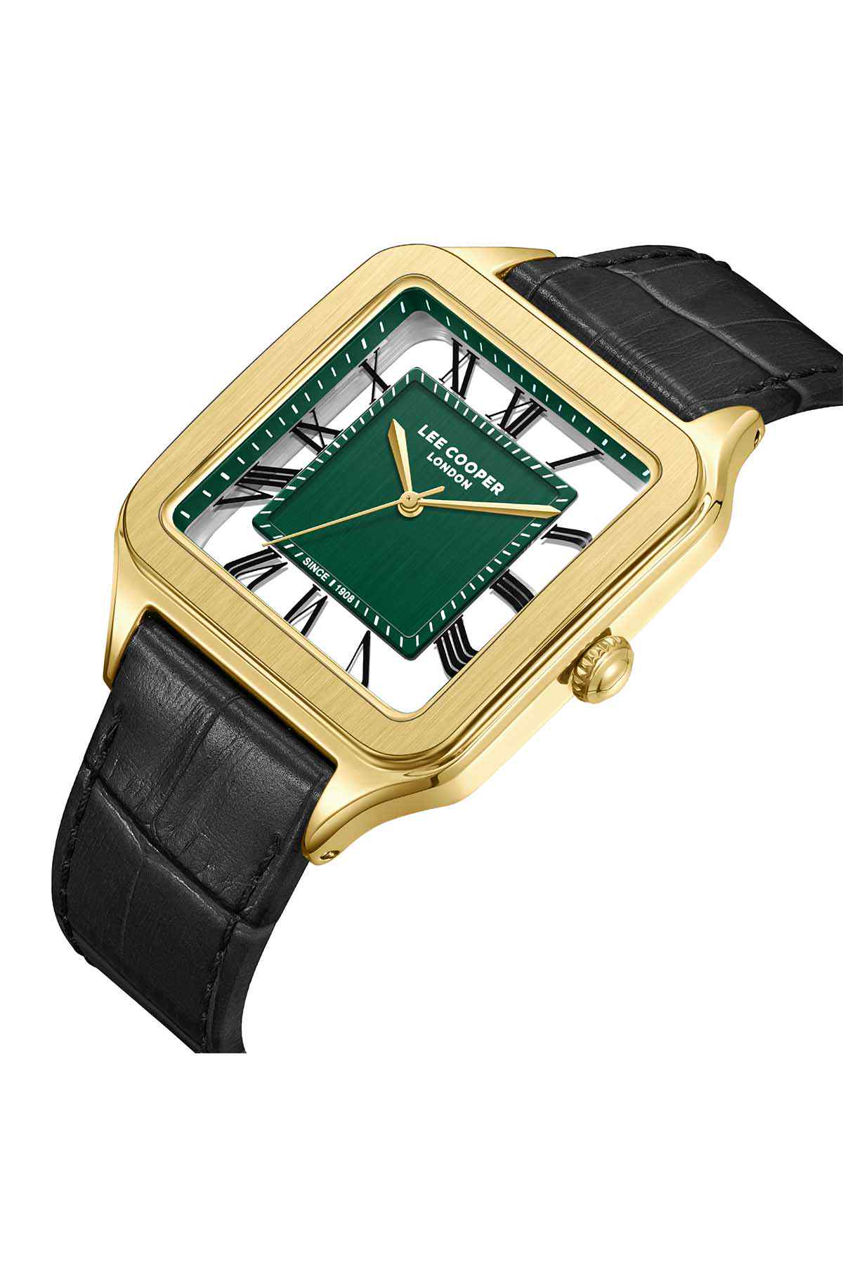 Square gold-tone watch with black leather strap, green dial and side crown