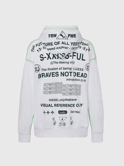 Diesel white hoodie with green trim and full back typography print