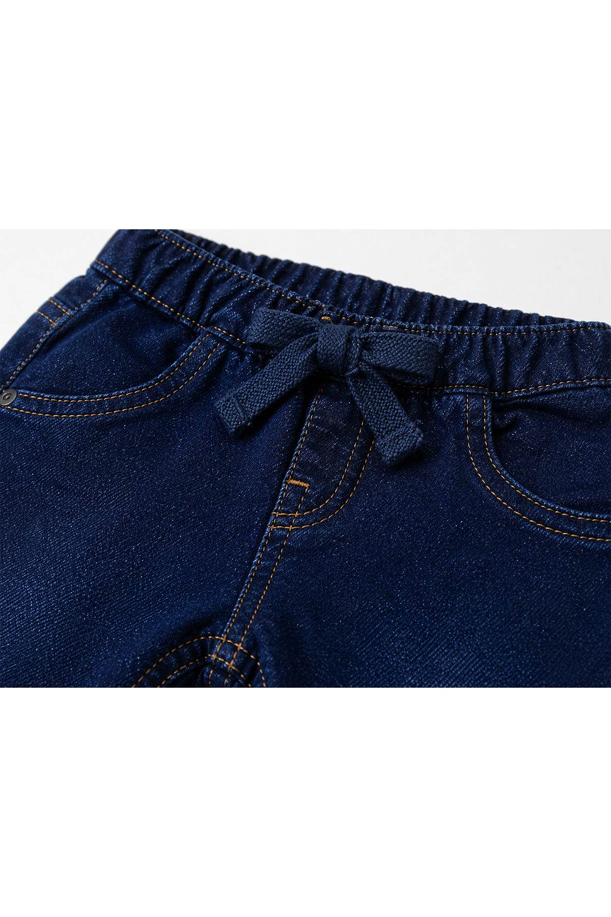 Baby denim pants dark blue waistband with drawstring bow and stitched seams
