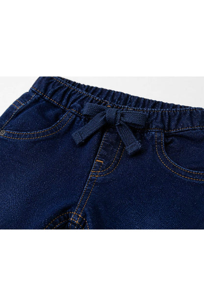 Baby denim pants dark blue waistband with drawstring bow and stitched seams