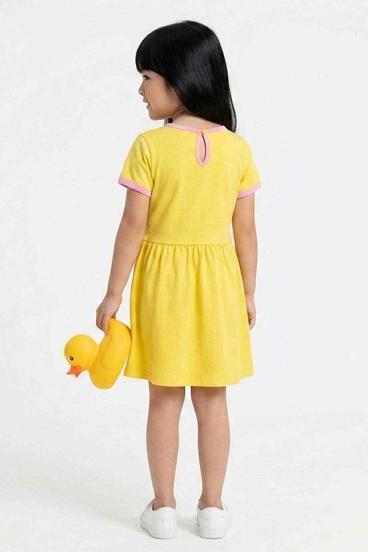 Yellow baby girls’ short dress with pink-trim keyhole back neck