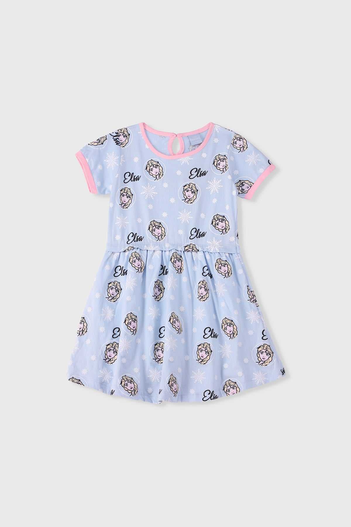 Disney girls' light blue Elsa dress with short sleeves, pink trim, allover character print